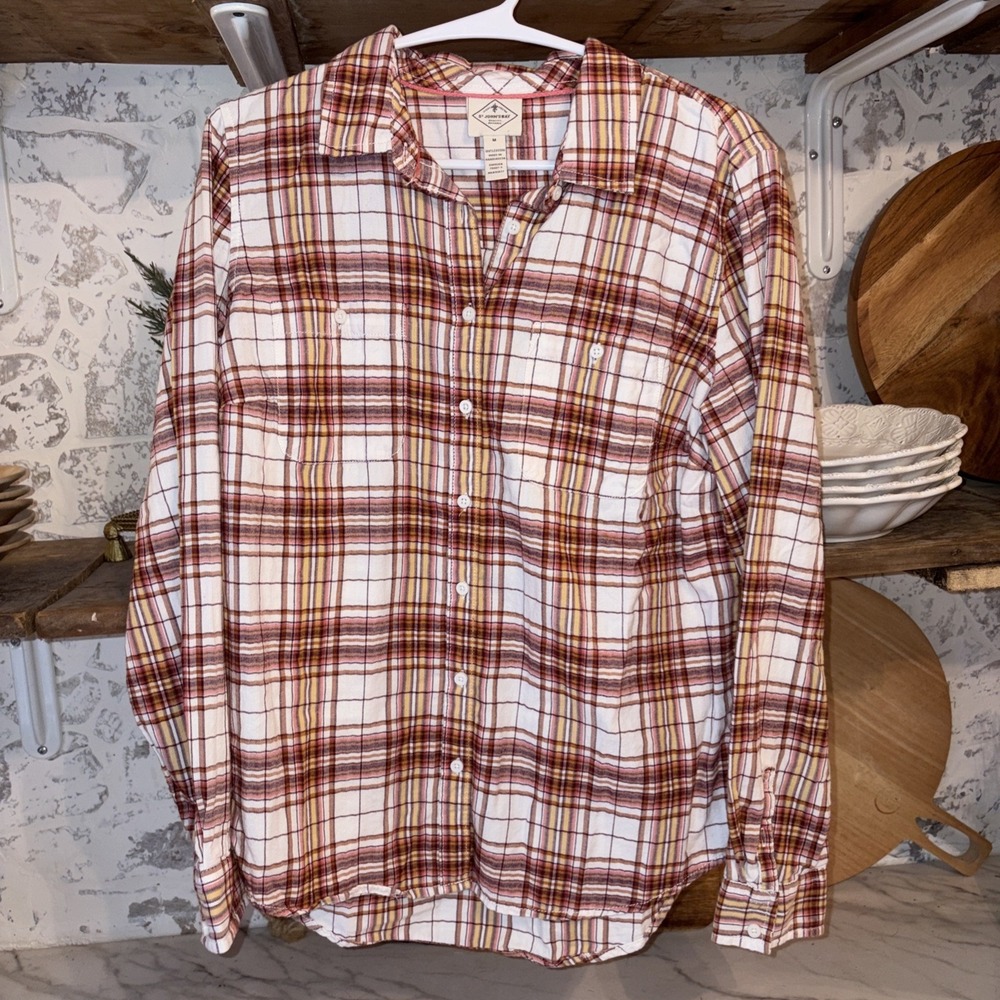 St John's Bay Women's M 100% Cotton Fall Plaid Button Down Shirt Coastal Cowgirl